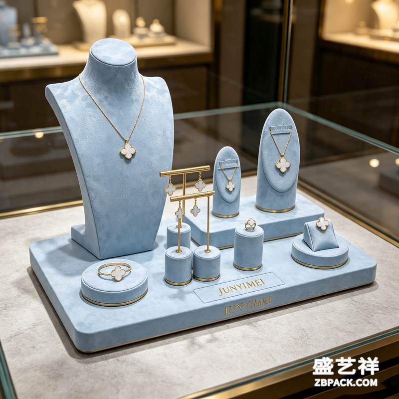 浅蓝金边四叶草套饰珠宝橱窗套装 CC64 | Light‑Blue Gold‑Trim Clover Jewelry Display Set CC64 - 细节图2