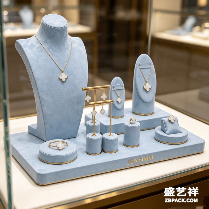 浅蓝金边四叶草套饰珠宝橱窗套装 CC64 | Light‑Blue Gold‑Trim Clover Jewelry Display Set CC64