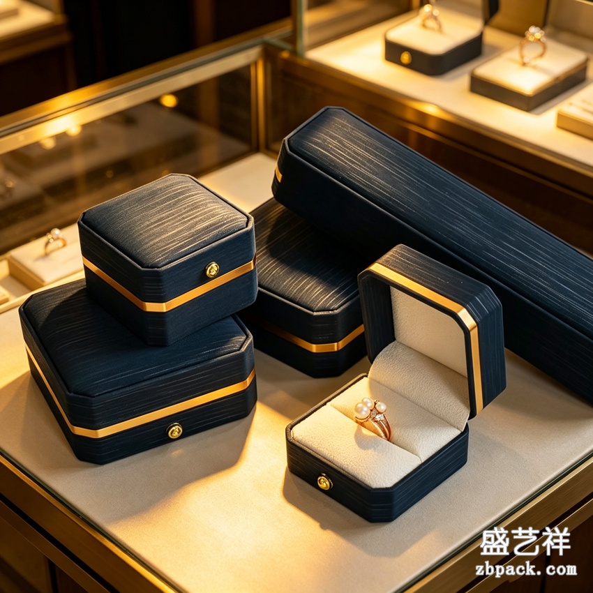 藏青首饰盒，金边珠宝盒，戒指项链盒，轻奢首饰礼盒，珠宝收纳包装盒 | Dark Blue Gold‑Trim Jewelry Box ZBH13