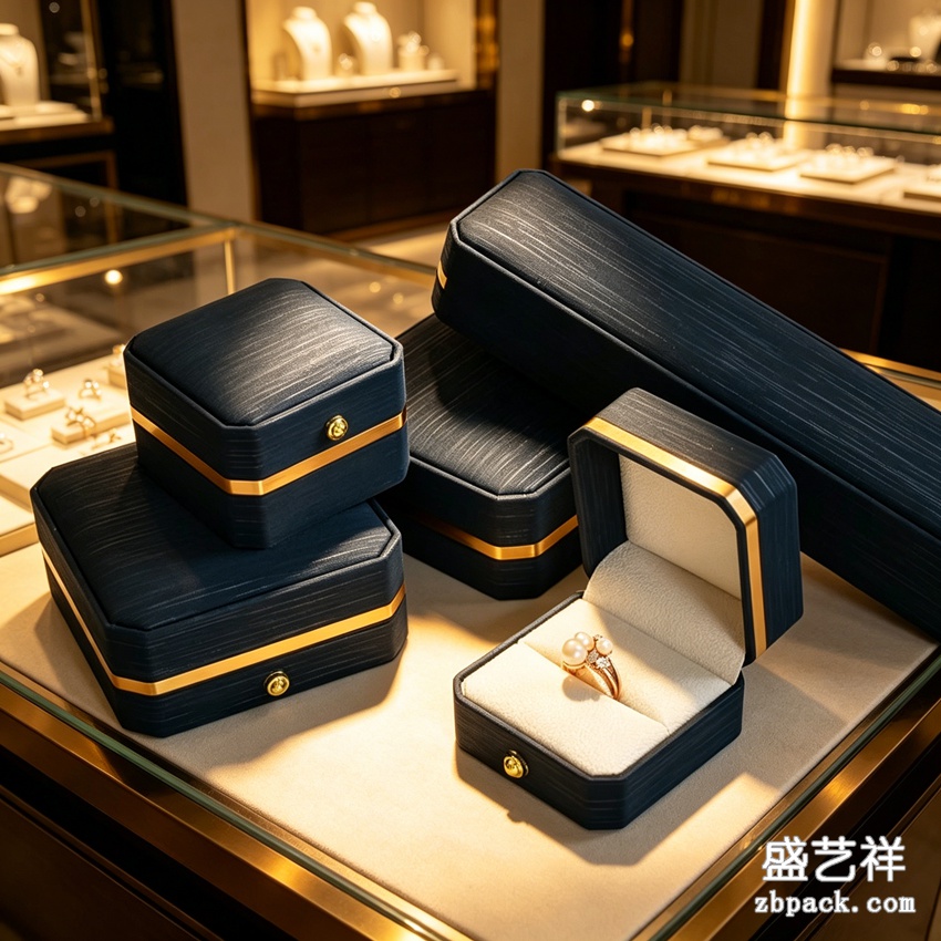 藏青首饰盒，金边珠宝盒，戒指项链盒，轻奢首饰礼盒，珠宝收纳包装盒 | Dark Blue Gold‑Trim Jewelry Box ZBH13 - 细节图4