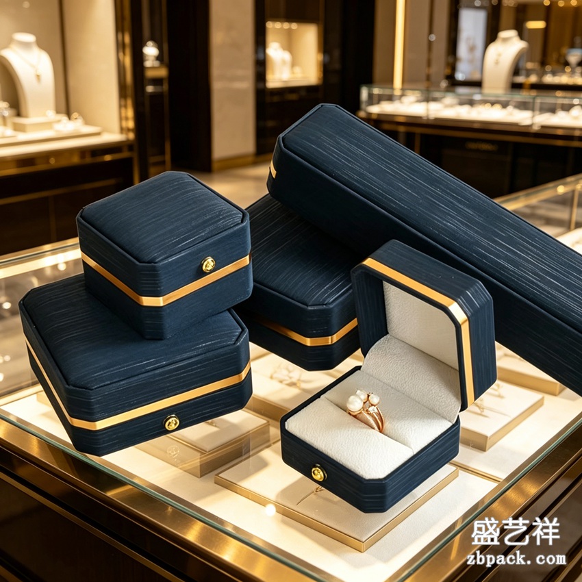 藏青首饰盒，金边珠宝盒，戒指项链盒，轻奢首饰礼盒，珠宝收纳包装盒 | Dark Blue Gold‑Trim Jewelry Box ZBH13 - 细节图3