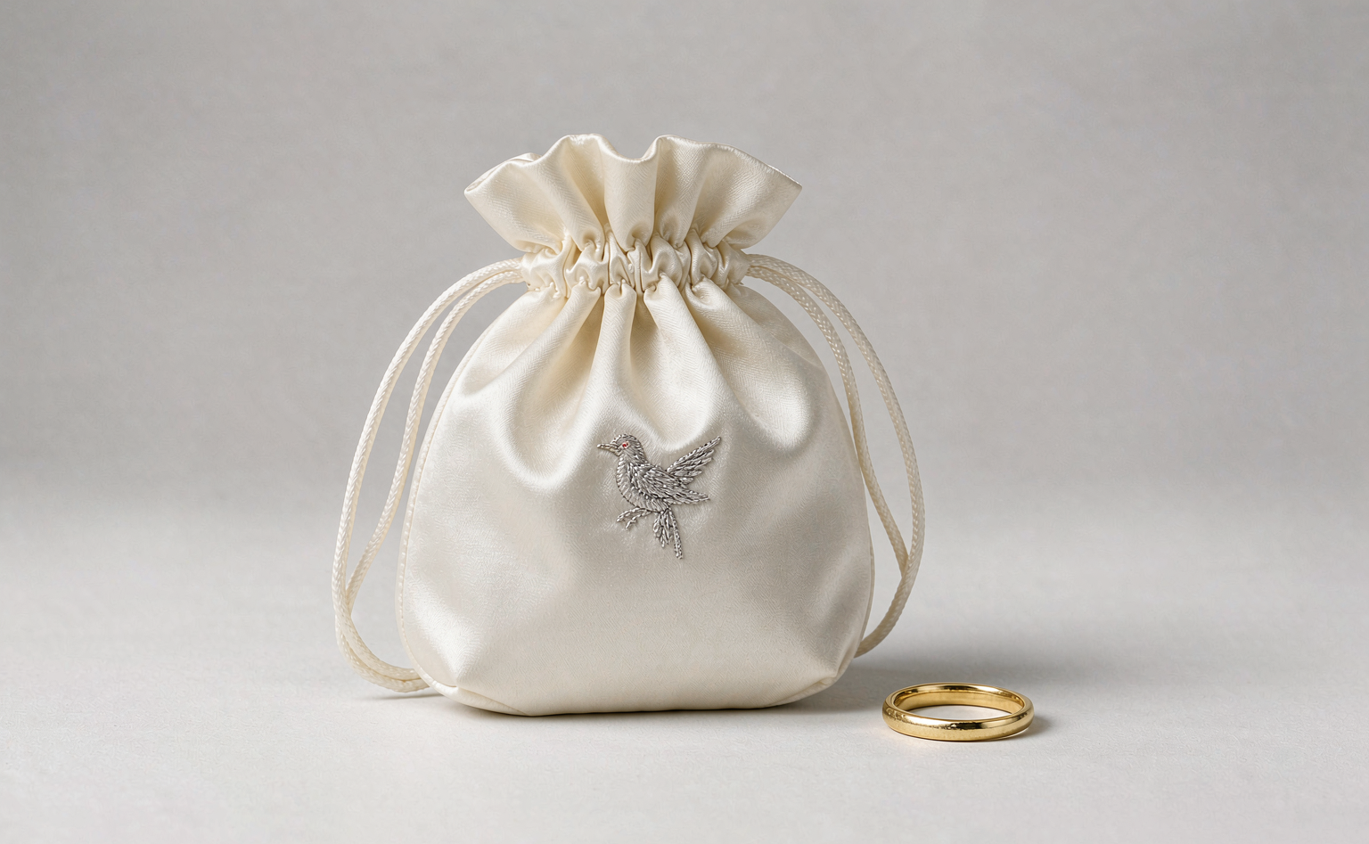 米白丝绸袋，银线绣与植绒内衬 | Cream Satin Pouch: Silver Embroidery and Velvet Lining